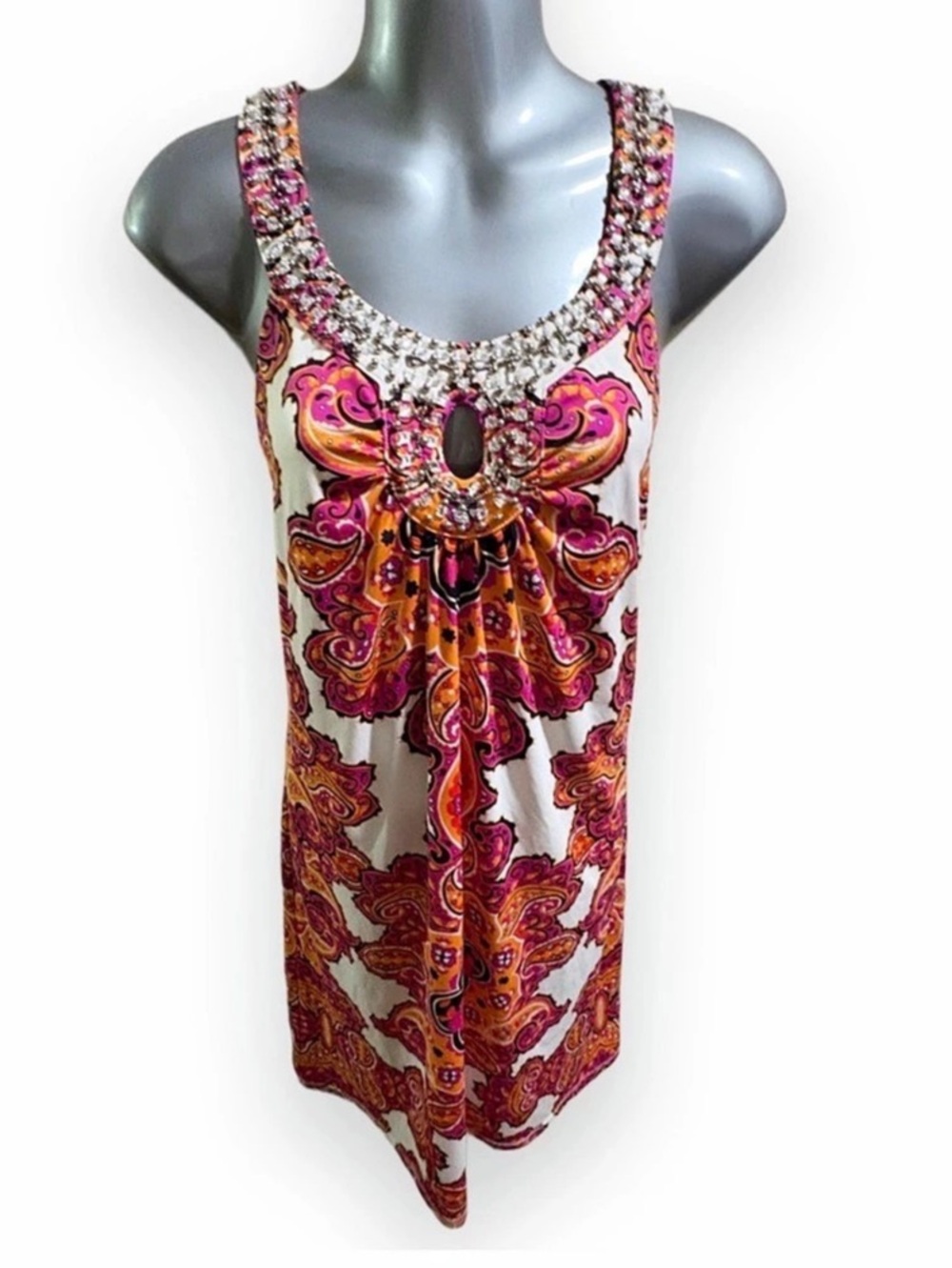 INTERNATIONAL CONCEPTS Paisley Embellished Tank in Pink & Orange Petite Large